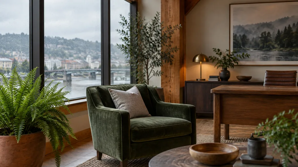 Wealth management office setting: a cosy Portland wealth advisory room with Douglas fir beams, a green velvet armchair, a fern in a clay pot and soft rainy daylight