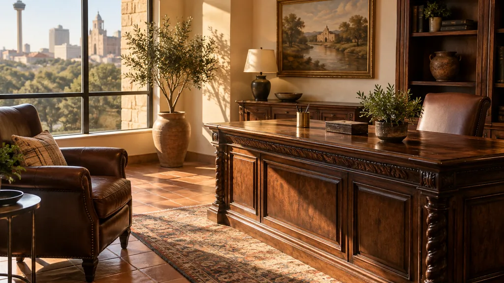 Wealth management office setting: a warm San Antonio wealth management office with terracotta tiles, a carved wooden desk, a leather armchair and golden afternoon light
