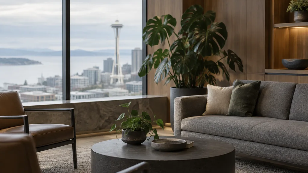 Wealth management office setting: a calm Seattle private wealth office with cedar panelling, a grey wool sofa, a tall monstera plant and diffused overcast morning light