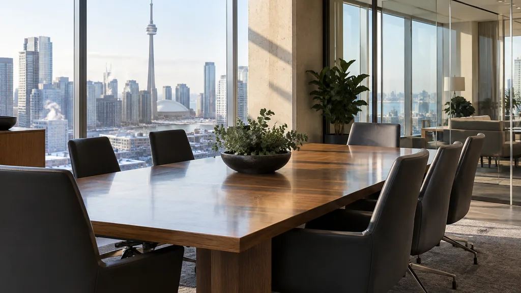 Wealth management office setting: a polished Toronto wealth management boardroom with a long oak table, charcoal chairs, a glass wall and crisp winter morning light