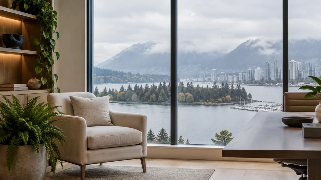 Wealth management office setting: an airy Vancouver wealth advisory office with pale maple floors, a linen armchair, a large potted fern and soft coastal rain light