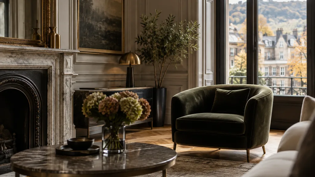 Wealth management office setting: an elegant Montreal wealth firm salon with greystone walls, a herringbone parquet floor, a velvet chair and soft autumn daylight