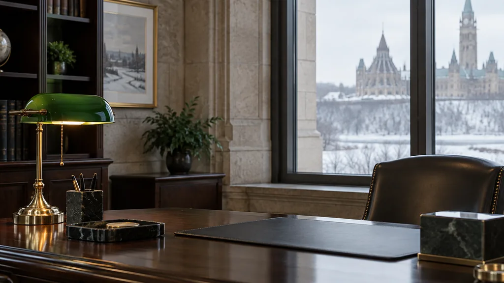 Wealth management office setting: a refined Ottawa wealth advisory study with limestone walls, a dark wood desk, a green reading lamp and pale snowy daylight