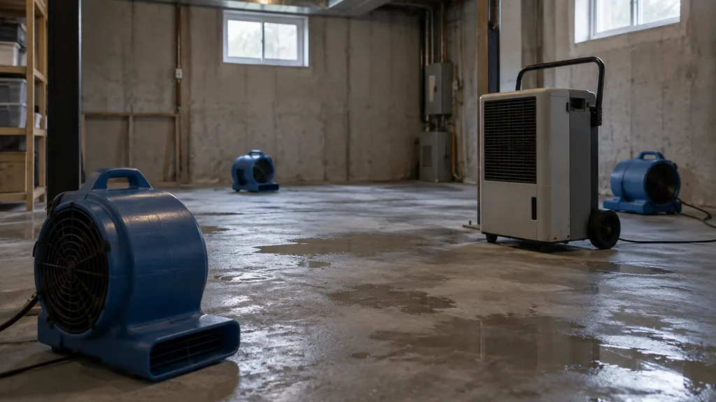 Water damage restoration job: a finished basement in a Toronto semi-detached house mid-drying, air movers on bare concrete and a dehumidifier, cool window light