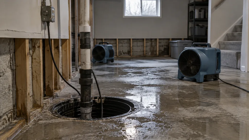 Water damage restoration job: a split-level home basement after spring thaw flooding, sump pit uncovered, drying fans and soft grey winter light