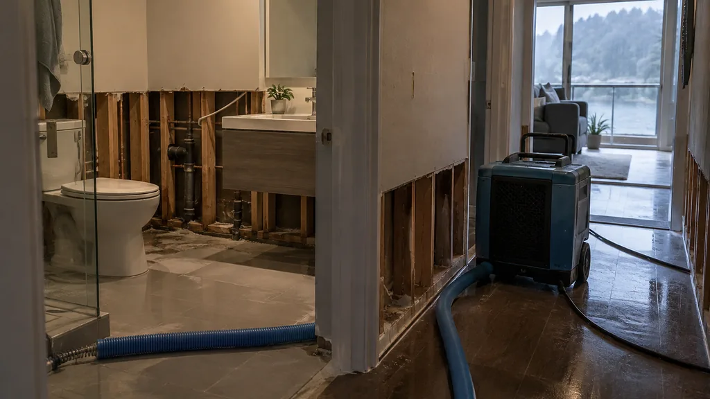 Water damage restoration job: a condo bathroom and hallway with cut-out drywall, drying hoses and a commercial dehumidifier, rainy Pacific Northwest light