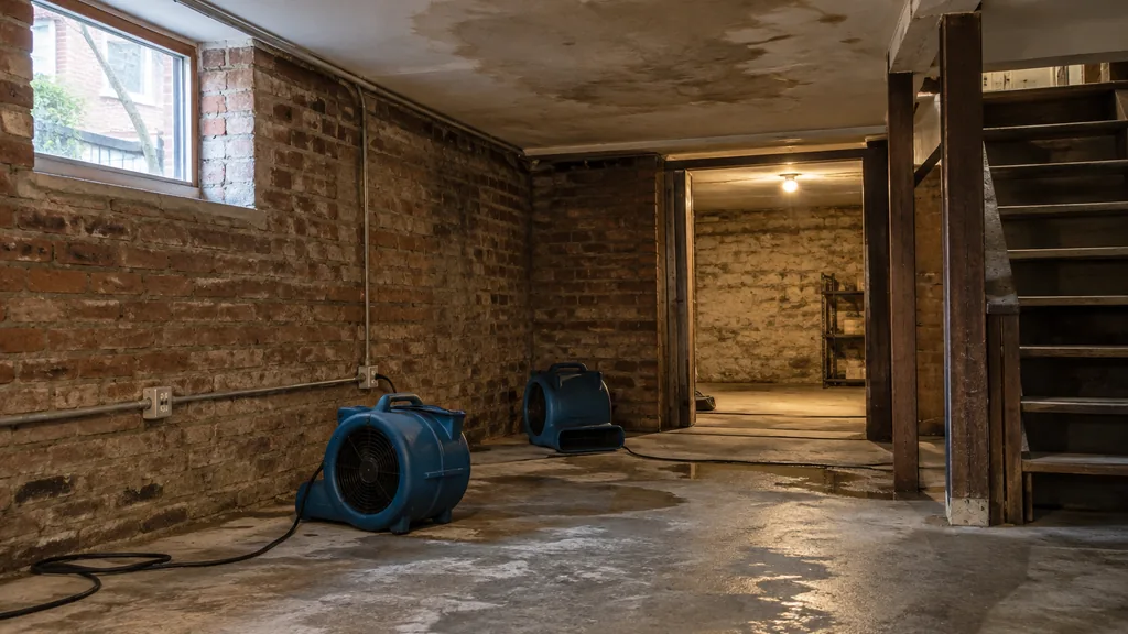 Water damage restoration job: a brick rowhome basement with a stained ceiling patch, air movers on concrete and warm light from a small street-level window