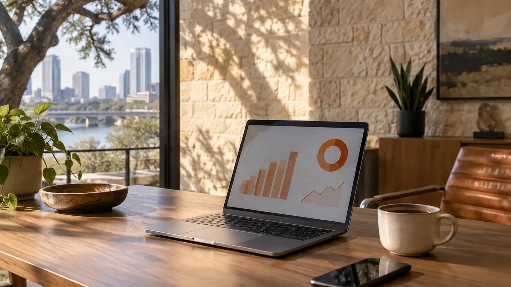 Workspace setting for a Austin Reddit ads agency: an Austin creative office with limestone walls and a live oak shadow, a laptop showing abstract orange charts, a smartphone and a coffee cup on a wooden desk, warm morning light
