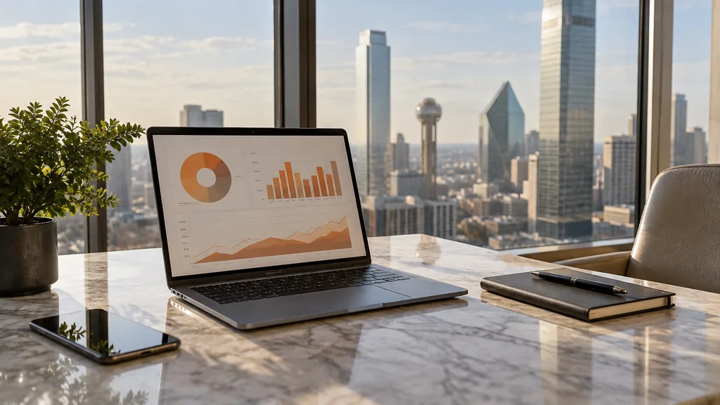 Workspace setting for a Dallas Reddit ads agency: a Dallas high-rise office with floor-to-ceiling glass, a laptop with abstract orange dashboards, a smartphone and a notebook on a marble desk, bright afternoon light