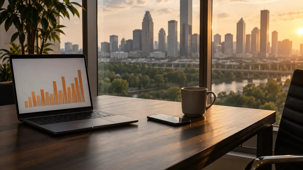 Workspace setting for a Houston Reddit ads agency: a Houston office with tall windows and humid golden light, a laptop showing abstract orange bar charts, a smartphone and a coffee mug on a dark wood desk