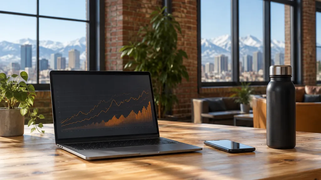 Workspace setting for a Denver Reddit ads agency: a Denver loft office with exposed brick and mountain light through tall windows, a laptop with abstract orange line graphs, a smartphone and a water bottle on a pine desk