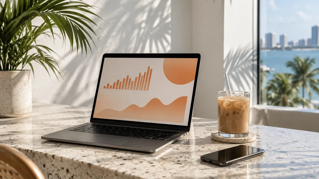 Workspace setting for a Miami Reddit ads agency: a Miami studio with white walls and palm shadows, a laptop showing abstract orange graphs, a smartphone and an iced coffee on a light terrazzo desk, bright tropical light