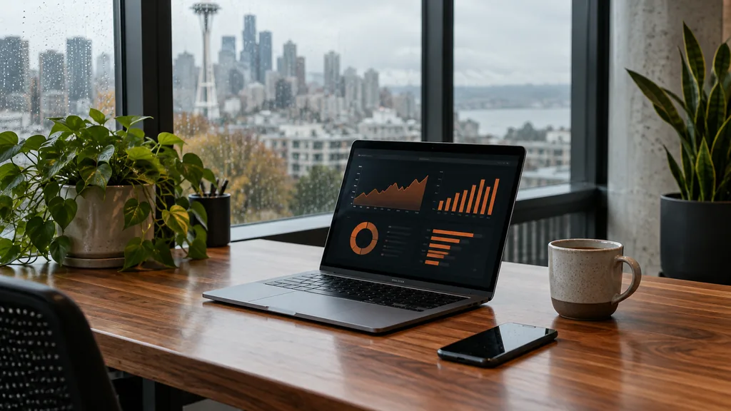 Workspace setting for a Seattle Reddit ads agency: a Seattle office with tall windows and soft rainy light, a laptop showing abstract orange dashboards, a smartphone and a coffee cup on a cedar desk, green plants nearby