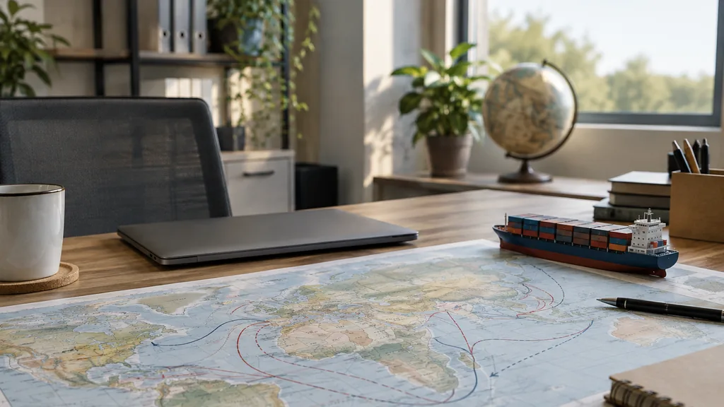 An empty logistics planning office: a quiet logistics planning office with a closed laptop on a desk, a printed lane map with hand-drawn route lines, a small toy cargo ship, a mug and soft morning window light