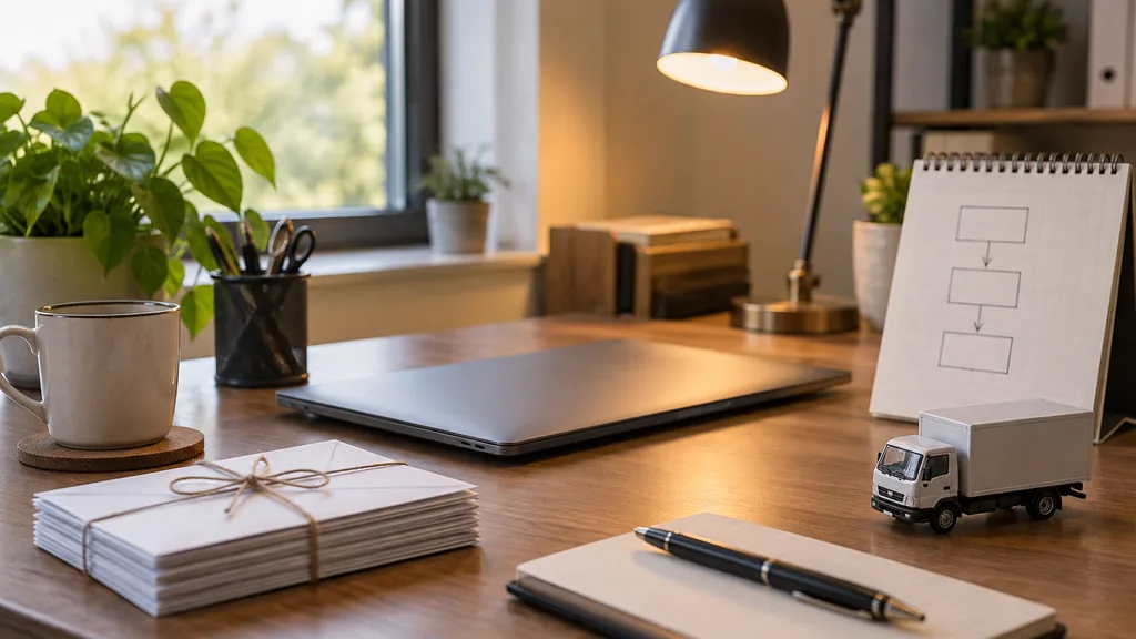 An empty freight office desk: a tidy freight office desk with a closed laptop, a stack of blank envelopes tied with twine, a small model delivery truck, a paper calendar with nurture steps sketched as boxes and warm lamp light