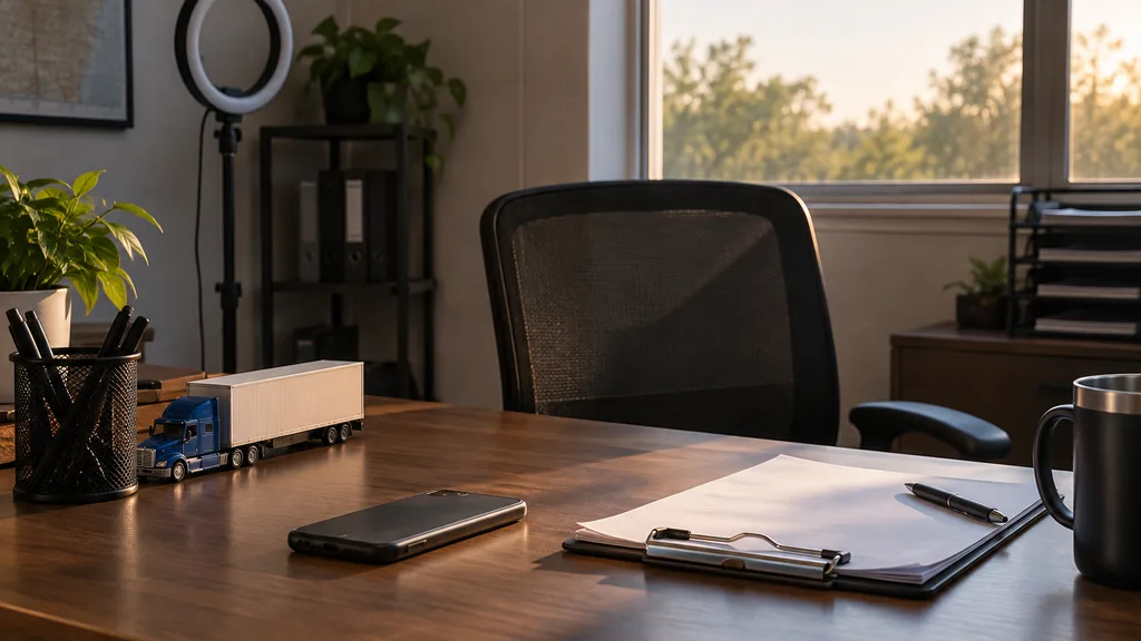 An empty trucking dispatch office: a small trucking dispatch office with a smartphone face down on a desk, a toy semi truck, a clipboard of blank route sheets, a ring light switched off and late afternoon sun