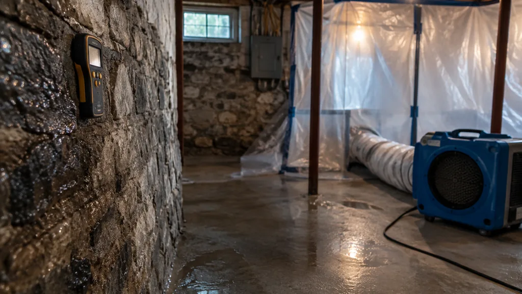 Mold remediation job site: an old New England stone-foundation basement with a moisture meter on a damp wall, plastic containment sheeting and a HEPA air scrubber under a bare bulb