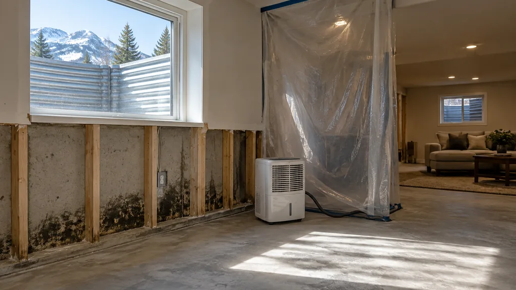 Mold remediation job site: a finished Colorado basement with a cut-away drywall section, a dehumidifier and plastic containment, crisp high-altitude daylight through a window well