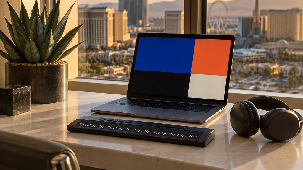 Workspace setting for a Las Vegas website accessibility agency: a Las Vegas office with warm desert evening light and a potted agave, a laptop whose screen shows only abstract high-contrast colored blocks, a refreshable braille display and over-ear headphones on a pale stone desk