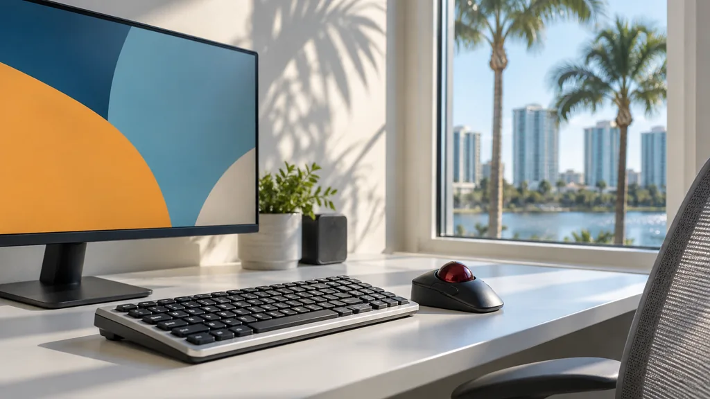 Workspace setting for a Orlando website accessibility agency: an Orlando office with bright subtropical daylight and palm shadows on the wall, a monitor showing only abstract large colored shapes, a large-key keyboard and an adaptive trackball on a white desk