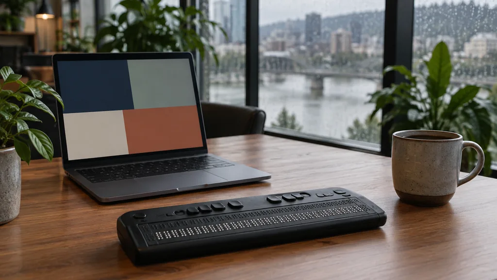 Workspace setting for a Portland website accessibility agency: a Portland office with rainy grey light through tall windows and green plants, a laptop showing only abstract colored blocks, a braille display and a ceramic coffee mug on a fir-wood desk