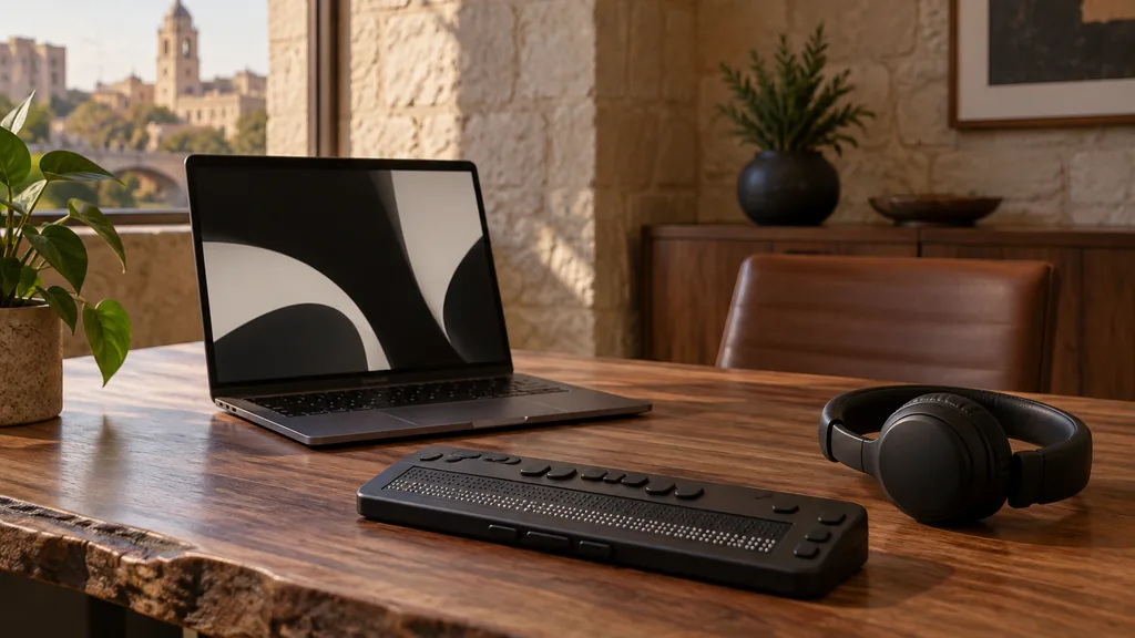 Workspace setting for a San Antonio website accessibility agency: a San Antonio office with limestone walls and warm afternoon light, a laptop whose screen shows only abstract high-contrast shapes, a refreshable braille display and headphones on a mesquite desk