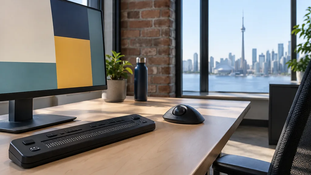 Workspace setting for a Toronto website accessibility agency: a Toronto office with exposed brick and cool lake light through large windows, a monitor showing only abstract colored blocks, a braille display and an adaptive mouse on a maple desk