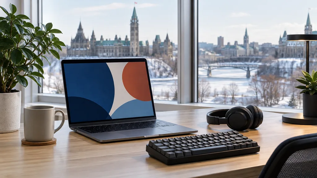 Workspace setting for a Ottawa website accessibility agency: an Ottawa office with crisp winter daylight and snow outside the window, a laptop showing only abstract large colored shapes, a large-key keyboard and headphones on a light oak desk