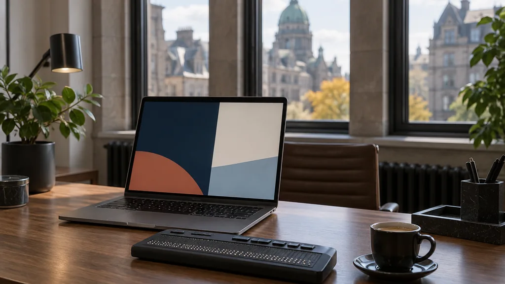Workspace setting for a Montreal website accessibility agency: a Montreal office in an old greystone building with tall arched windows, a laptop whose screen shows only abstract colored blocks, a refreshable braille display and an espresso cup on a walnut desk