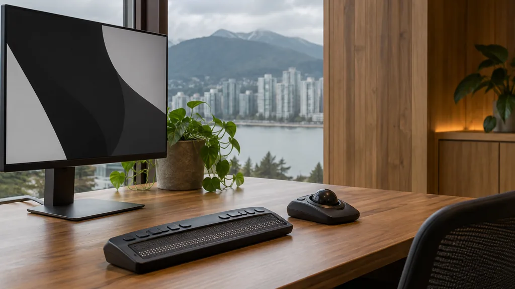 Workspace setting for a Vancouver website accessibility agency: a Vancouver office with soft overcast light and cedar wall panels, a monitor showing only abstract high-contrast shapes, a braille display and an adaptive trackball on a cedar desk