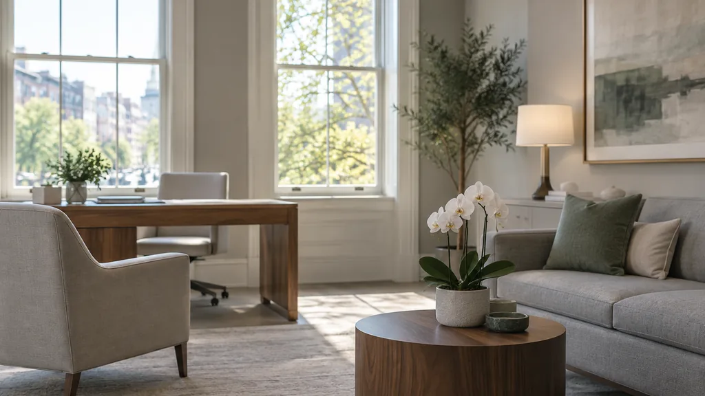 Fertility clinic setting: a quiet clinic consultation room with tall sash windows, a pale grey sofa, a white orchid on a walnut side table and soft morning light