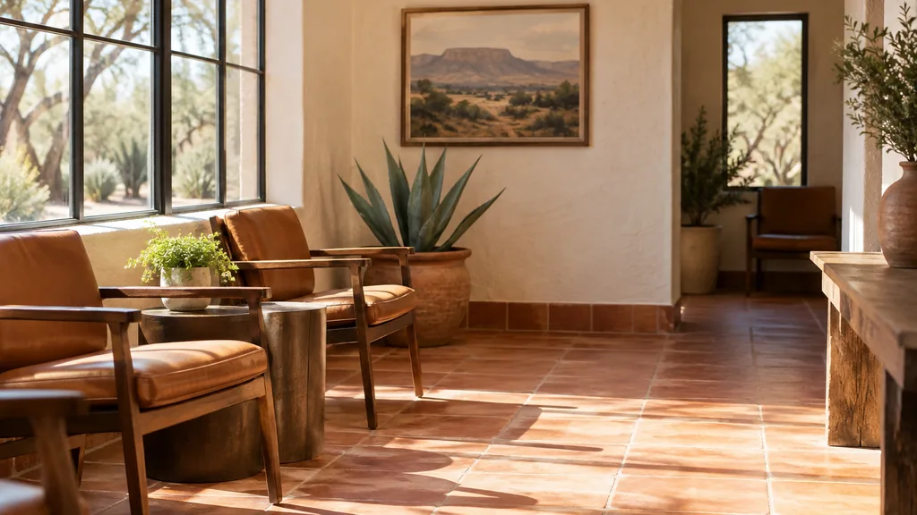 Fertility clinic setting: a warm clinic waiting area with terracotta floor tiles, cream plaster walls, a potted agave and bright Texas afternoon light