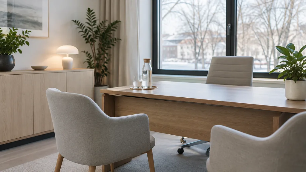 Fertility clinic setting: a modern clinic consultation room with pale oak furniture, two upholstered chairs, a glass carafe of water and cool winter daylight