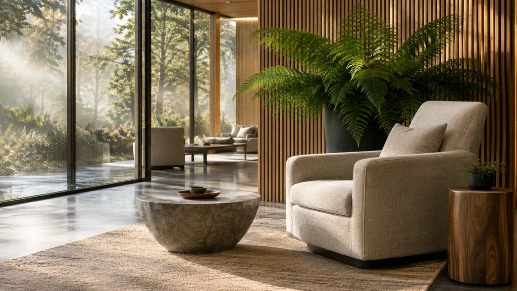 Fertility clinic setting: a serene clinic lounge with cedar slat walls, a large fern, misty light through floor-to-ceiling glass and a linen armchair