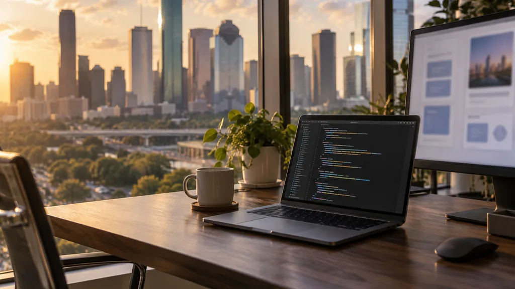 Setting for a Houston WordPress development agency: a Houston office with warm Gulf Coast afternoon light through tall windows, a laptop whose screen shows only abstract colored code blocks, a second monitor with blurred abstract layout wireframes, a coffee cup on a dark walnut desk