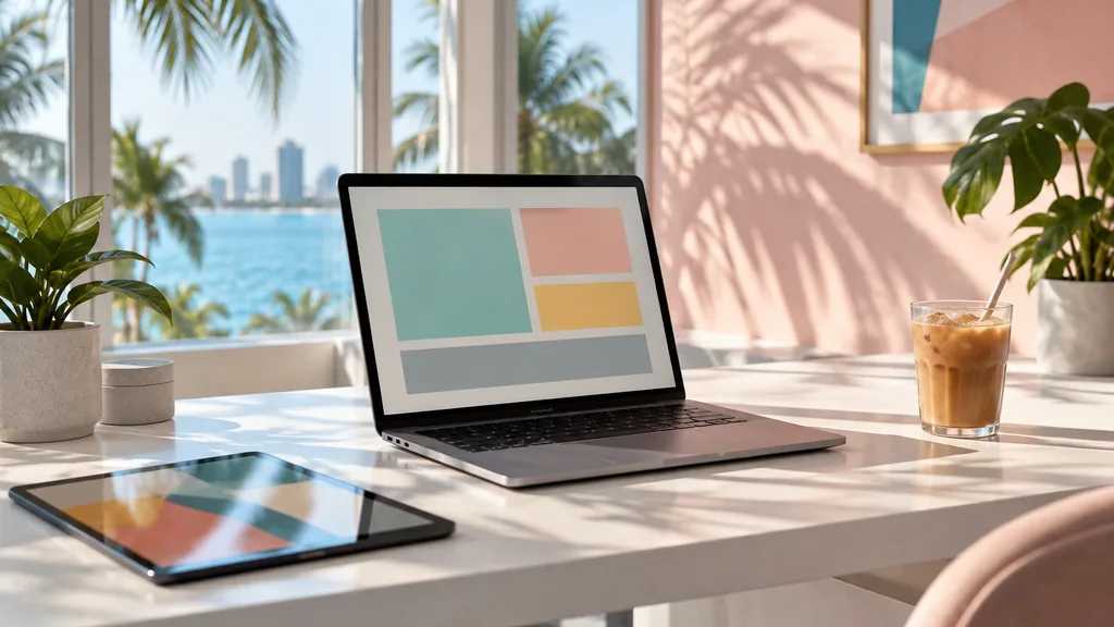 Setting for a Miami WordPress development agency: a bright Miami studio with pastel walls and palm shadows across a white desk, a laptop whose screen shows only abstract colored layout blocks, a tablet with blurred shapes and an iced coffee
