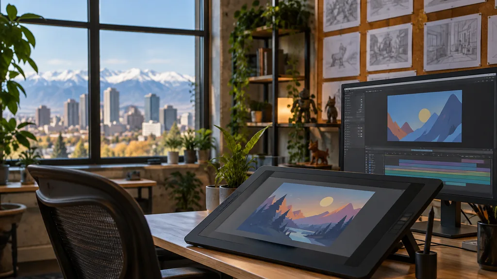 Setting for a Denver animation studio: a Denver animation studio with mountain daylight through large windows, a drawing tablet and stylus, a monitor showing only abstract colorful shapes on a timeline, storyboard cards without text pinned to a cork wall