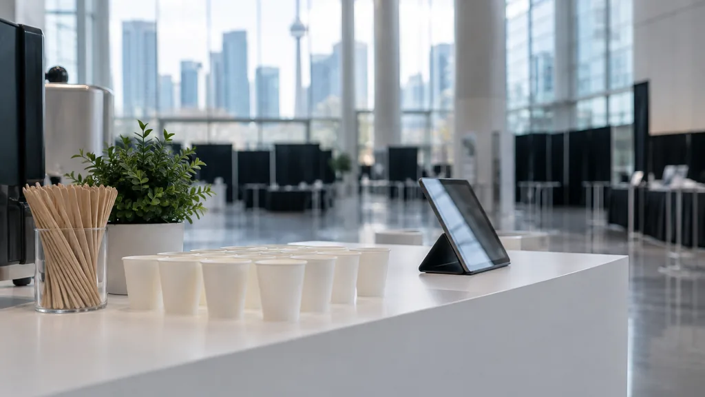 Workspace setting for a Toronto brand ambassador agency: a Toronto convention hall booth before doors open, a clean white counter with plain unbranded sample cups and a tablet stand, cool morning light through glass