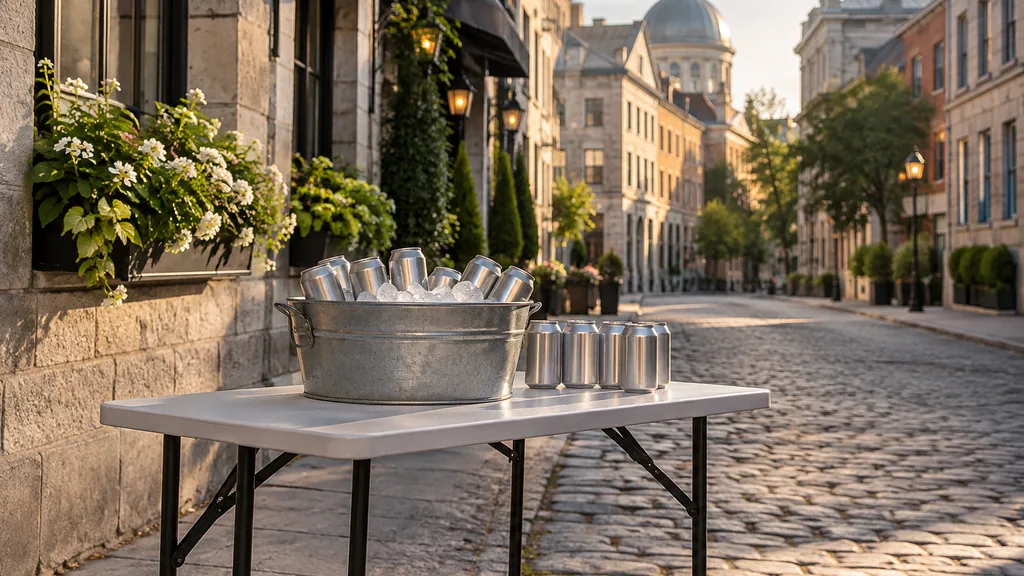 Workspace setting for a Montréal brand ambassador agency: a Montréal cobblestone street in summer with an empty folding sampling table, plain unlabelled cans on ice and warm late-afternoon light on stone facades