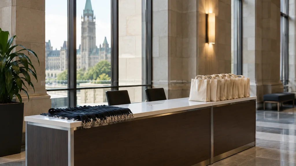 Workspace setting for a Ottawa brand ambassador agency: an Ottawa conference foyer with stone walls and tall windows, an empty registration counter with plain lanyards and tote bags, soft neutral light