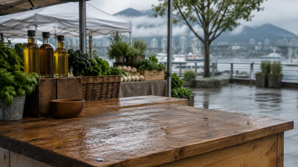 Workspace setting for a Vancouver brand ambassador agency: a Vancouver farmers market stall in light drizzle with an empty wooden sampling counter, plain unlabelled bottles and green-grey coastal light