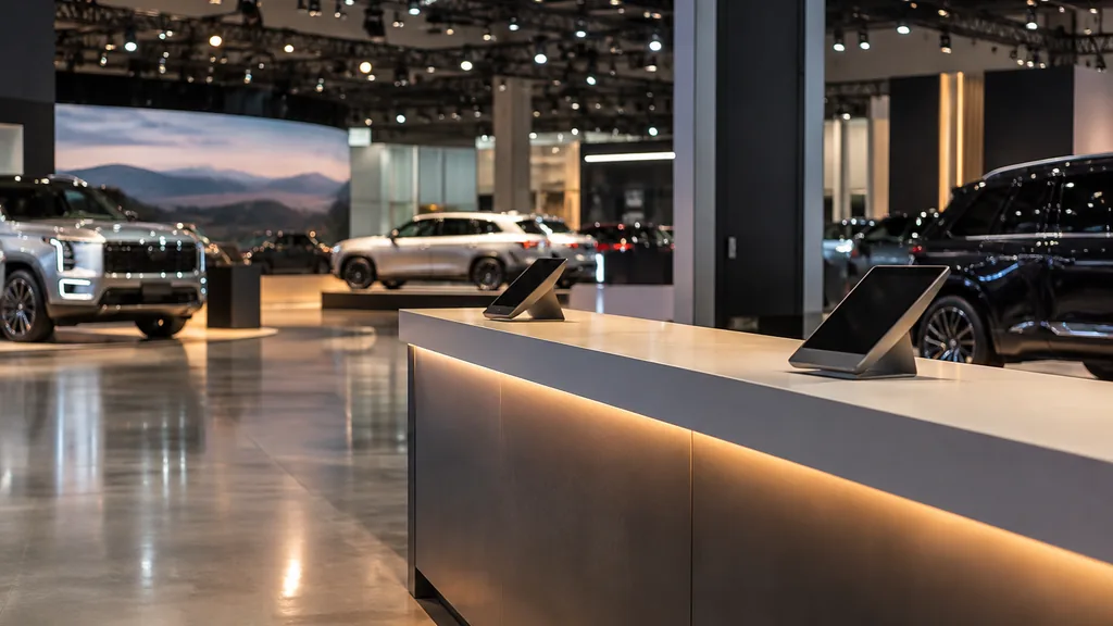 Workspace setting for a Detroit brand ambassador agency: a Detroit auto show floor before opening, an empty product counter with plain brochures-free tablet stands and polished concrete under warm spotlights