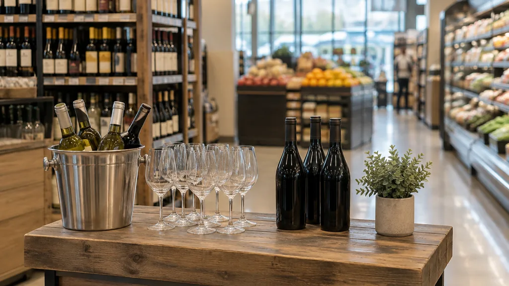 Workspace setting for a Minneapolis brand ambassador agency: a Minneapolis grocery aisle end cap with an empty tasting table, plain unlabelled wine glasses and bottles, clean bright store light