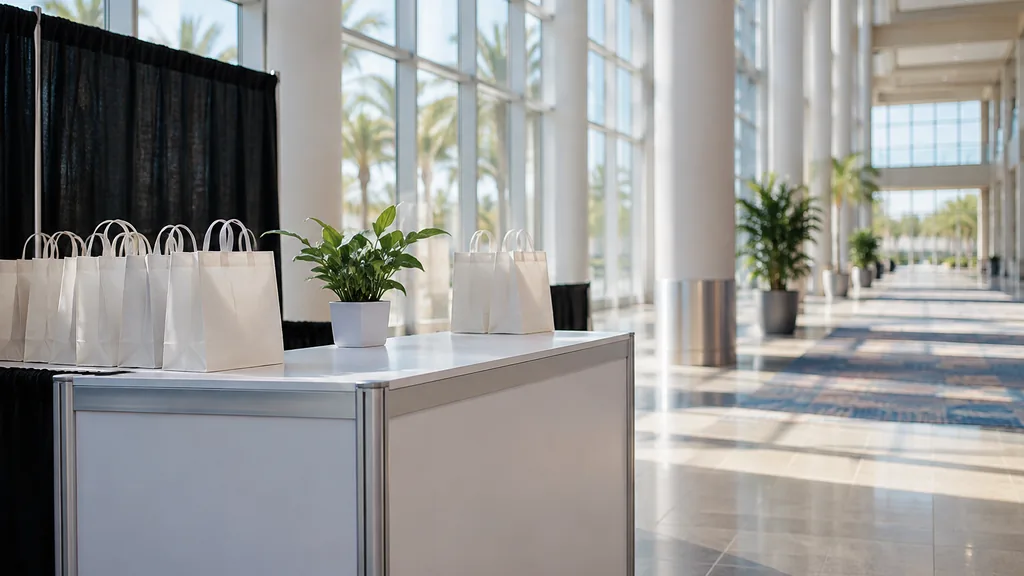 Workspace setting for a Orlando brand ambassador agency: an Orlando convention center hallway before a trade show, an empty branded-free booth counter with plain sample bags and bright Florida light through glass