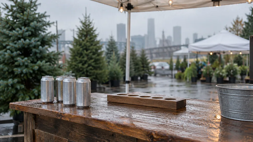 Workspace setting for a Portland brand ambassador agency: a Portland outdoor market tent in soft rain with an empty wooden tasting counter, plain unlabelled cans and evergreen trees in the background
