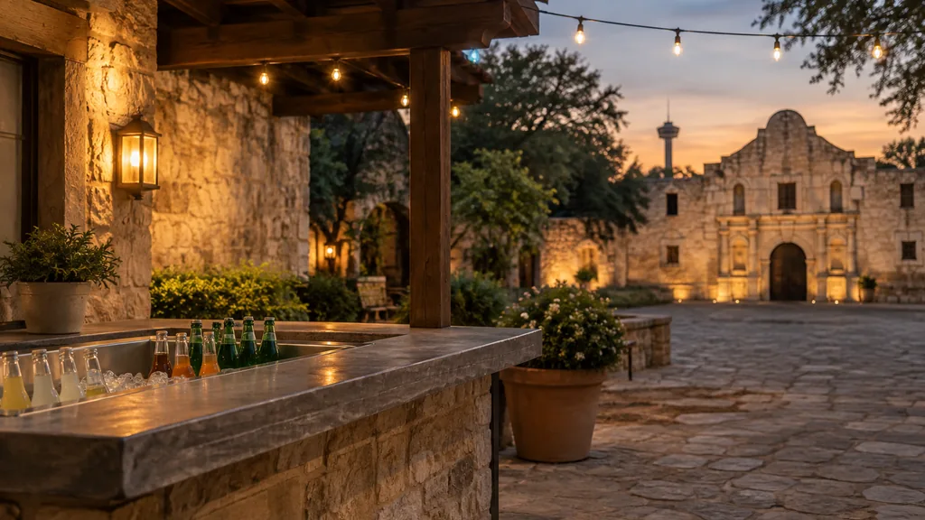 Workspace setting for a San Antonio brand ambassador agency: a San Antonio plaza at dusk with papel picado-free string lights, an empty shaded sampling counter with plain bottled drinks on ice and warm stone walls