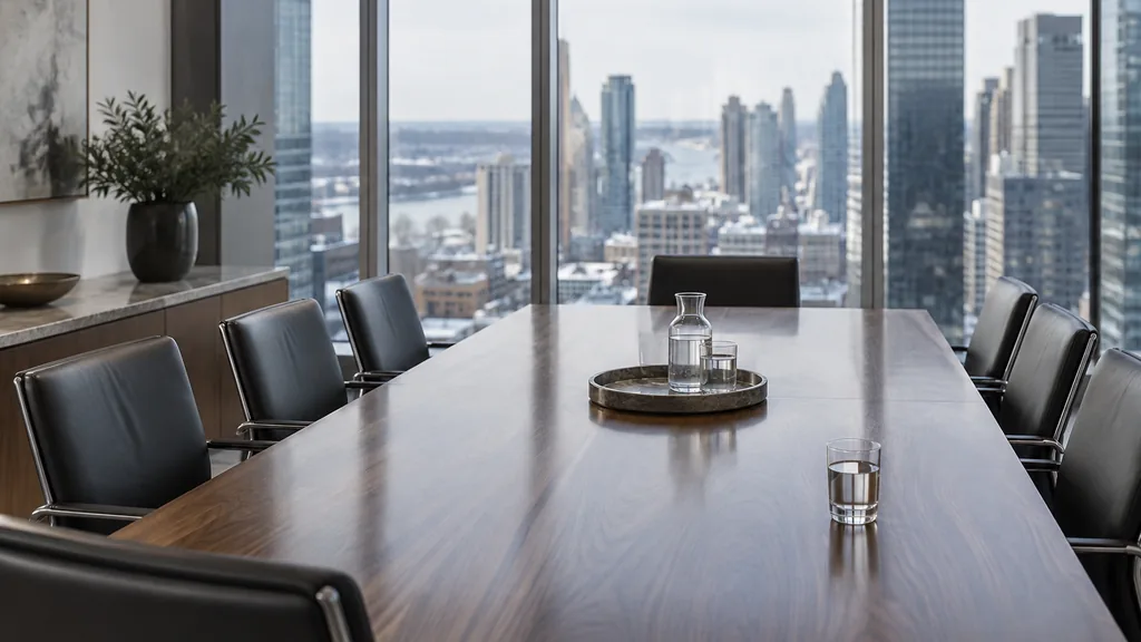 Office setting: a modern downtown boardroom with a walnut table, charcoal chairs, a glass of water and cool winter daylight through floor-to-ceiling windows