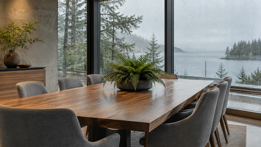 Office setting: a calm West Coast meeting room with a cedar table, grey chairs, a fern and soft rainy daylight through tall glass walls