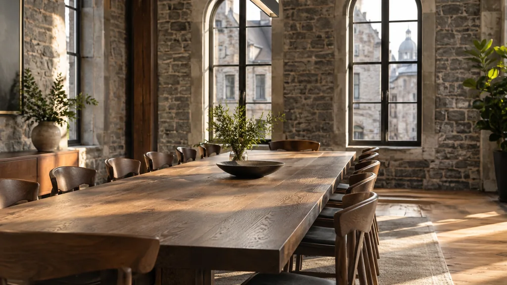 Office setting: an Old Montreal style meeting room with grey stone walls, a long oak table, wooden chairs and warm afternoon light through arched windows