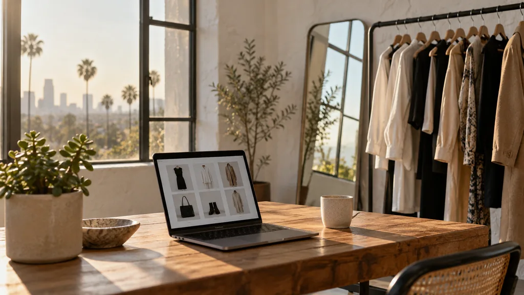 Creative studio setting for a Los Angeles Pinterest ads agency: a sunlit Los Angeles studio with white stucco walls, a laptop showing a grid of fashion product photos, a clothing rail, a potted succulent and warm late-afternoon light